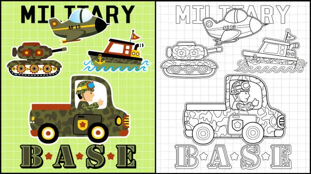Vector illustration of Coloring book of military vehicles with a soldier on truck