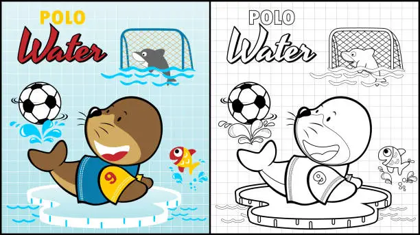 Vector illustration of Coloring page of walrus with dolphin playing polo water