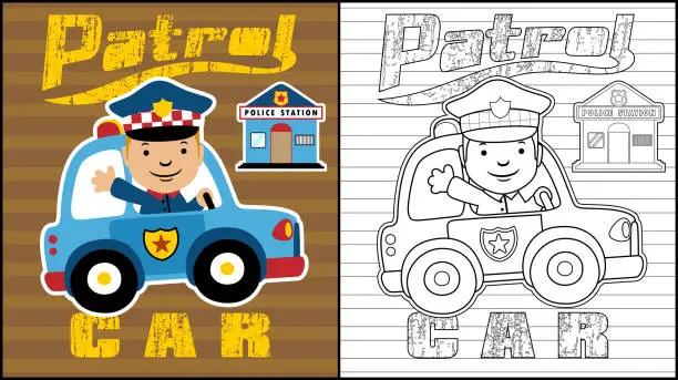 Vector illustration of Coloring book of smiling police driving patrol car with police station