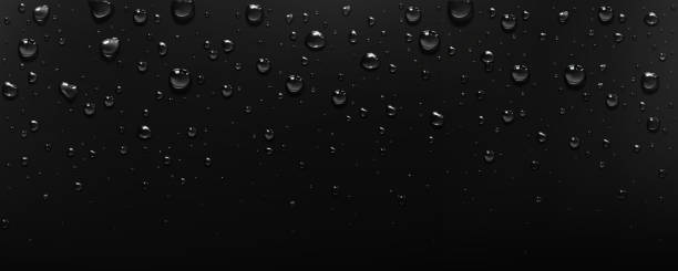 Pure clear water drops on black background Pure clear water drops on black background. Transparent raindrops, steam, fog or vapour condensation on wet surface, dew or rain, vector realistic illustration black glass surface stock illustrations