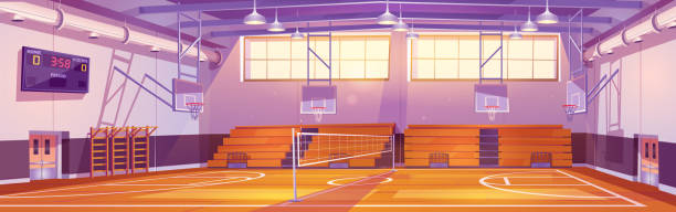 Empty basketball court cartoon illustration Empty basketball court cartoon illustration. Vector interior design of sports hall to play team games with rings and electronic score board on wall, volleyball net, spectator seats. College stadium scoreboard stadium sport seat stock illustrations