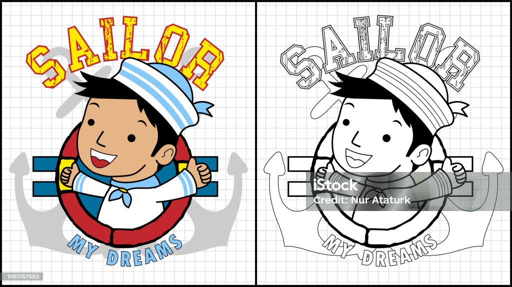 Coloring Book Of A Boy Sailor On Anchor Background Stock Illustration