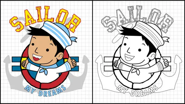 Vector illustration of Coloring book of a boy sailor on anchor background