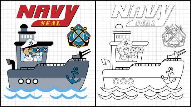 Vector illustration of Coloring book of sailor cartoon use binocular on gunboat