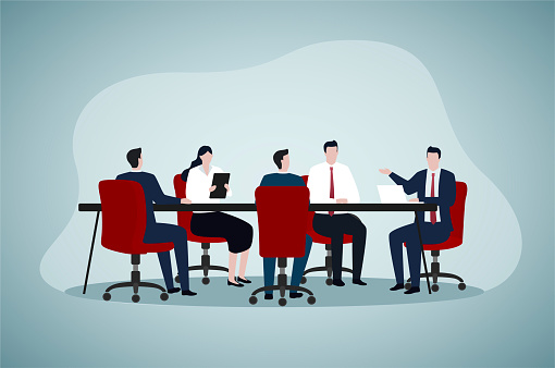 Business leader holding corporate meeting with team in boardroom. Politician talking to staff at round conference table. Vector illustration for authority, chairman, negotiations, discussion concept