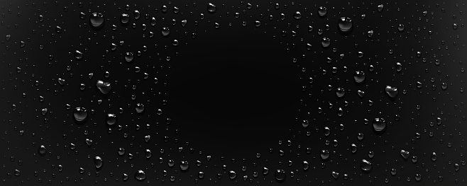 Water drops condensation, raindrops round frame on black background. Rain dribbles with light reflection on dark surface, abstract wet texture, scattered blobs border, Realistic 3d vector illustration