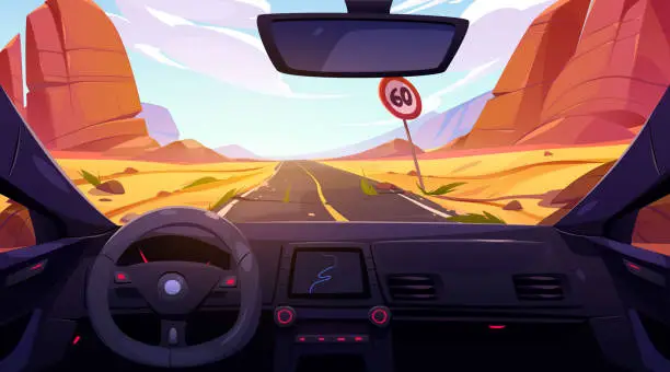 Vector illustration of Road in desert view from car interior windshield