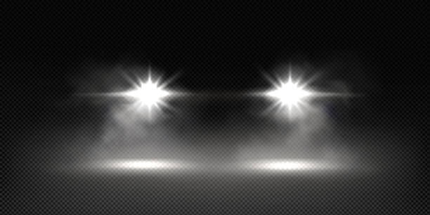 Car headlights, automobile light overlay effect. Car headlights, automobile front view light overlay effect. Glowing headlamps, vehicle lamps and smoke, transport at night isolated on transparent background, Realistic 3d vector illustration headlight stock illustrations