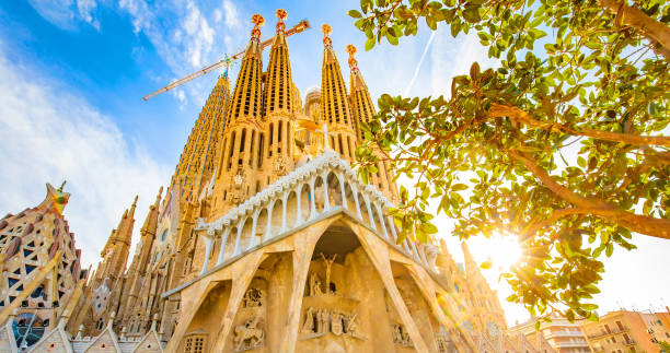 Basilica La Sagrada Familia at sunset, Barcelona city, Spain stock photo