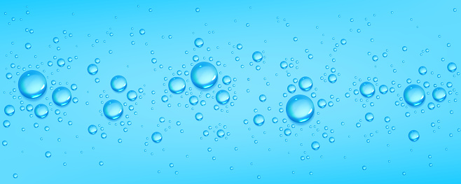 Realistic water drops on blue background. Vector illustration of clear aqua droplets on wet surface after rain. Condensation or oxygent bubbles in cold liquid. Symbol of refreshment and purity