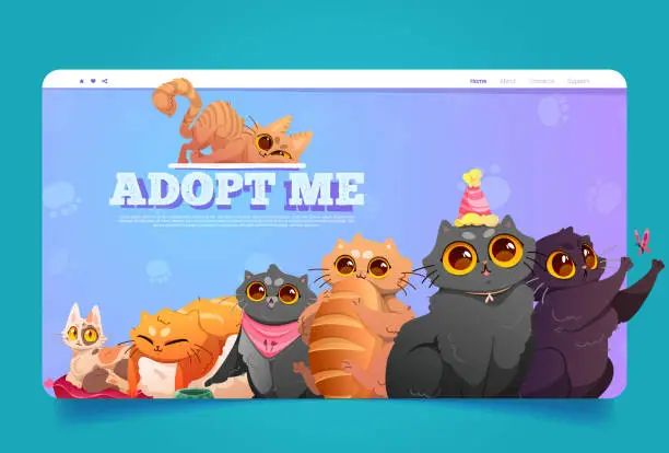 Vector illustration of Adopt me cartoon landing page with homeless pets