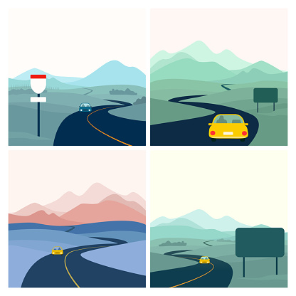 Long road landscape flat concept illustration with lone car in a distance and abstract highway sign close-up