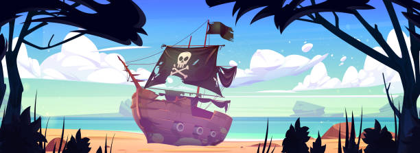 illustrations, cliparts, dessins animés et icônes de plage de mer avec bateau pirate brisé après le naufrage - nautical vessel cannon coastline crane