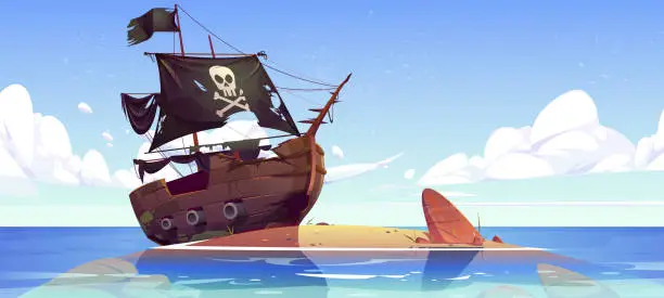 Vector illustration of Old broken pirate ship after shipwreck on beach