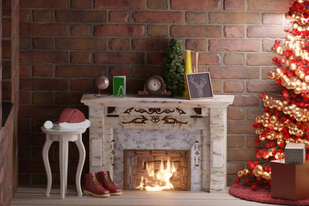 istock Cozy room with fireplace and Christmas Tree 1451762787