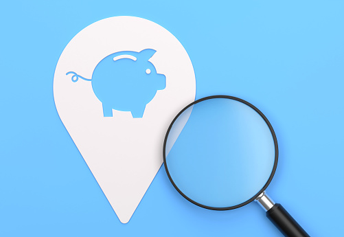 Magnifying glass And Pin Shape With Piggy Bank Icon. Searching Concept.