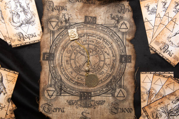 istock Ancient esoteric witchcraft background. Occultims and paganism old symbol, with mysterious runes alphabet 1451771774