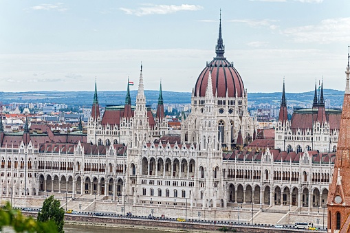 View of Danube River and Hungarian Parliament Building, Budapest, Hungary