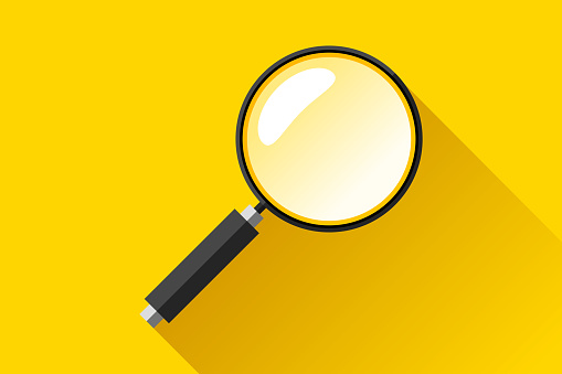 Search loupe icon in flat style, magnifying glass on yellow background. Zoom tool. Black magnifier. Vector design object for you project