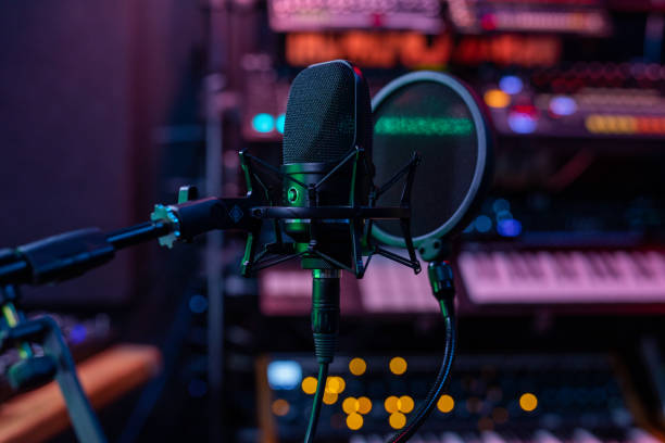 Microphone in a professional recording or radio studio stock photo