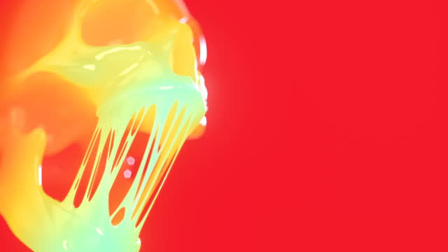 Bright shiny skull with fancy rainbow gradient and clumped jaws on red background. Illustration of the health hazards of sweets. 3d rendering digital animation HD
