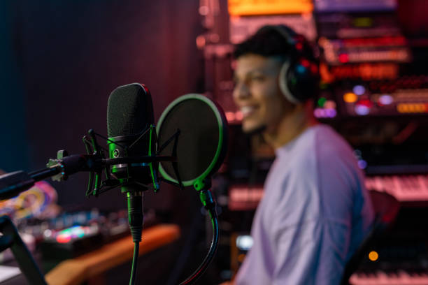 Music producer in music studio