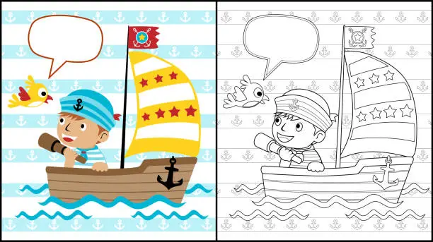 Vector illustration of Coloring book of little sailor holding telescope on sailboat with a bird