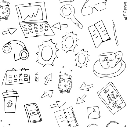 Business elements for work doodle seamless pattern. Hand drawn background of deadline and study or work vector illustration