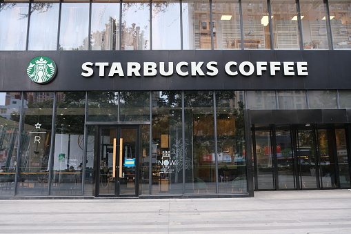 Wuhan,China-Oct.4th 2022: facade of large Starbucks coffee store.