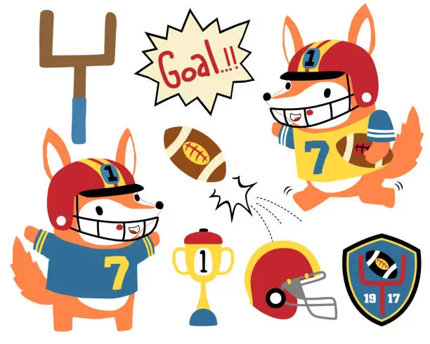 Vector illustration of Vector set of cartoon fox in rugby player costume, rugby elements illustration
