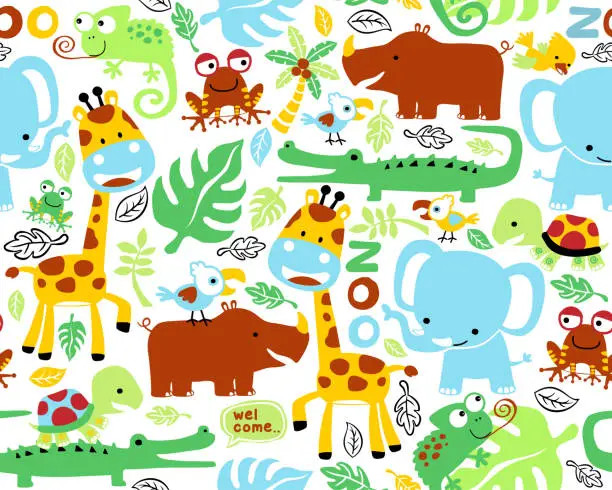 Vector illustration of Seamless pattern vector of funny colorful animals cartoon, jungle elements illustration