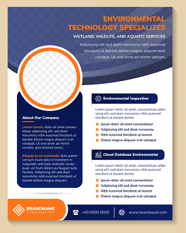 Flyer template design with headline is Environmental technology services. Space of photo collage. Advertising banner with vertical layout. white background with yellow orange and blue element