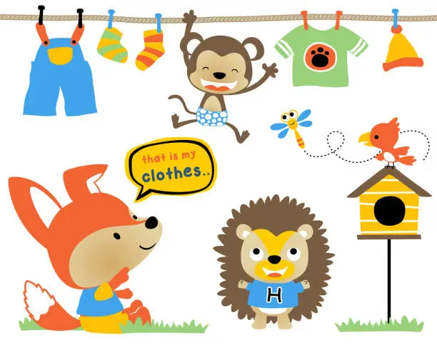 Vector illustration of Vector set of funny woods animals cartoon drying clothes