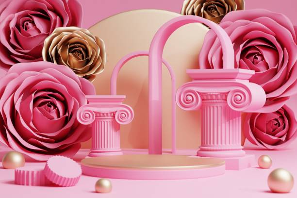 istock 3d background products for valentine’s day podium with rose background 3d with cylinder. podium stand to show cosmetic product background. 1451794645