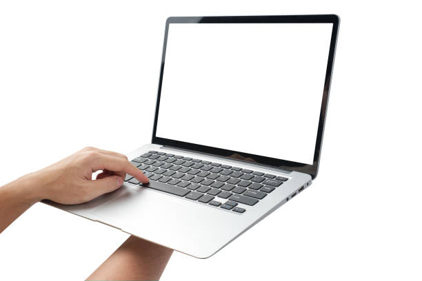 istock Hand holding laptop with blank screen isolated on white background 1451805996