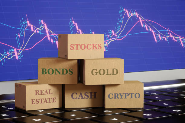 Carton boxes labelled as different investment product categories on a laptop showing stock candle diagram. Illustration of well-diversified portfolios and the importance of asset diversification. cajas de cartón etiquetadas como diferentes categorías de productos de inversión en una computadora portátil que muestra el diagrama de velas de stock. ilustración de carteras bien diversificadas y la importancia de la diversificación de activos.