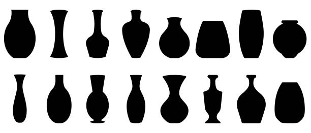 silhouetten der vasen. set aus verschiedenen vasen. schwarze vasensymbole - pottery stock-grafiken, -clipart, -cartoons und -symbole