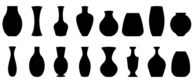 Silhouettes of the vases. Set of different vases. Vector illustration. Black vase icons