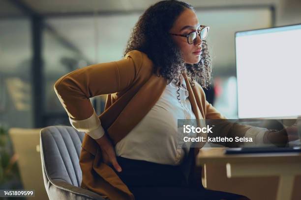 Backache Business Woman And Computer Research At Night In Office With Burnout Stress And Spine Discomfort And Mockup Back Pain Black Woman And Posture Problem While Working Late On Deadline Stock Photo - Download Image Now
