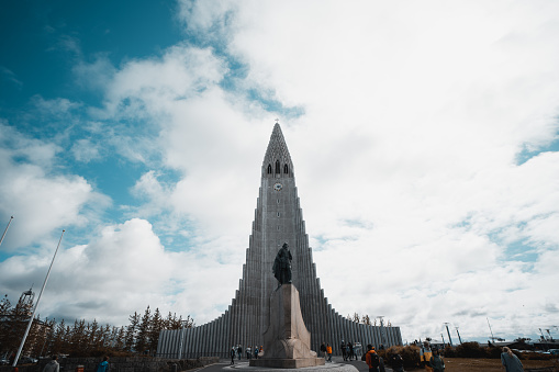 Hallgrimskirkja Church in Reykjavik, Iceland (Street View). High quality photo. Iceland's most famous church in it's capital city Reykjavik.