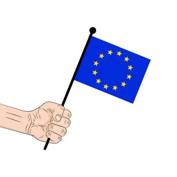 Vector illustration of Man holding European flag. EU flag in the hand. Vector illustration.