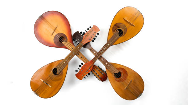Still life of a mandolin surrounded by flowers and sheet music.