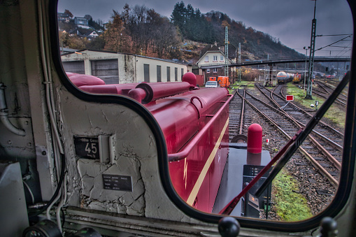 Outside and inside of a diesel locomotive of the Deutsche Bundesbahn
