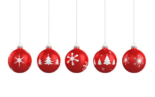3d Render Various Red Christmas Ornament Balls, White Background Clipping Path (isolated on white)