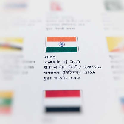 India national flag, country's official name, country area size, official language, capital and currency.