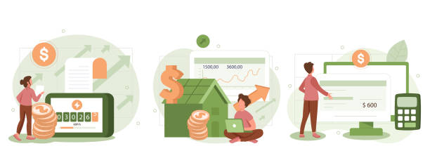 stockillustraties, clipart, cartoons en iconen met sustainability vector set. characters monitoring private electricity and central heating meter and calculating household utility bill. home energy efficiency audit concept. consumption costs increase - central heating