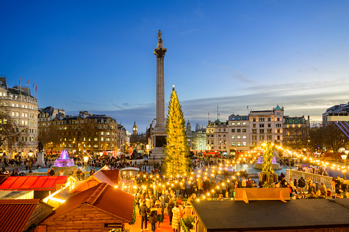 Trafalgar Square Christmas tree and festive market with Nelson's Column and Big Ben on shortest day of the year the winter solstice. The tree is a gift from Norway to the people of Britain.