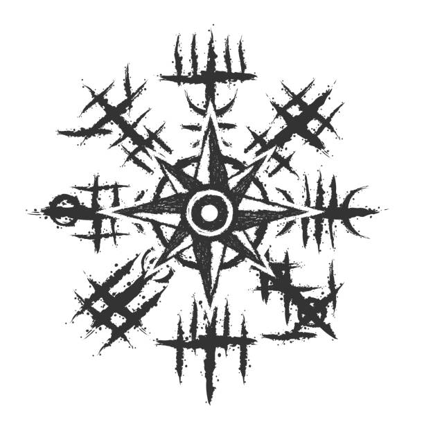 ilustrações de stock, clip art, desenhos animados e ícones de windrose grunge viking symbol - discovery arrow sign circle pattern
