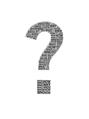 Question mark formed by when, why, how, what and where text ideas