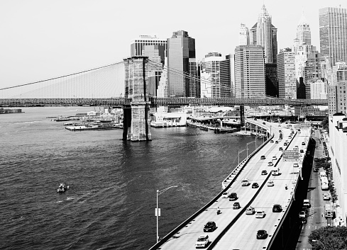 Black and white view of the Manhattan Bridge from DUMBO Brooklyn